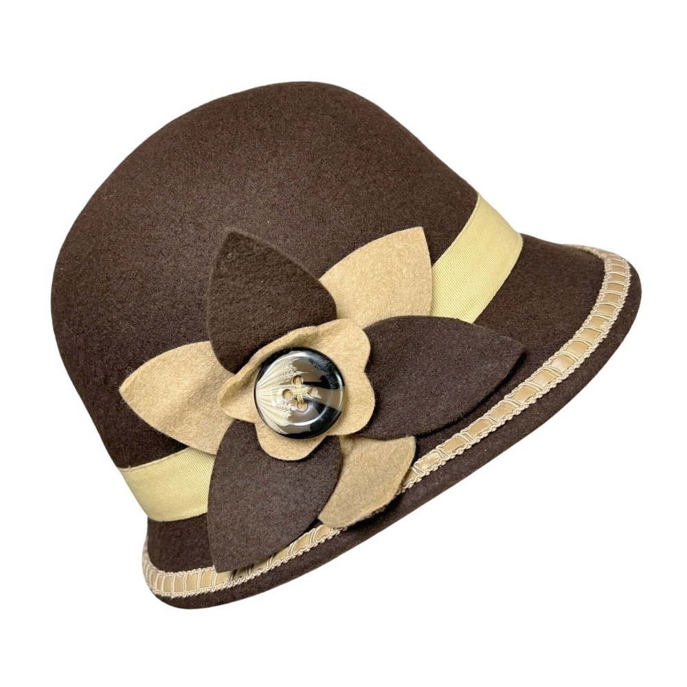 Angela & William Brown‎ 100% Wool Cloche Hat Yellow Ribbon Flower CL1213 OSFM